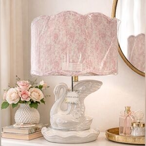Karma Home Pink Toile Swan Table Lamp Ceramic Base Scalloped Shade Cottagecore